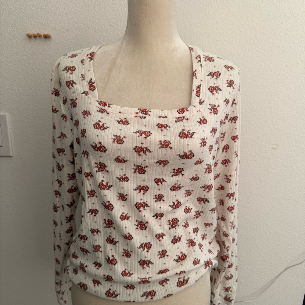 Floral Print Square Neck Top - White and Red